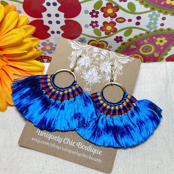Med Fan Tassel Earrings Blue Hoops Smooth Shiny Silky Fringe Drop Dangles NWT - Picture 1 of 4
